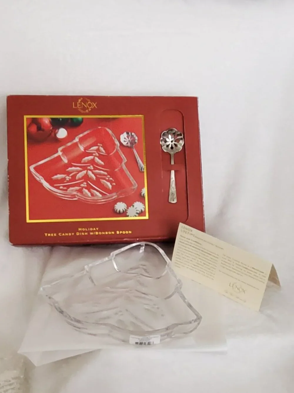 Lenox Crystal Holiday Tree Dish and Bonbon Spoon Set  Vintage in Box!